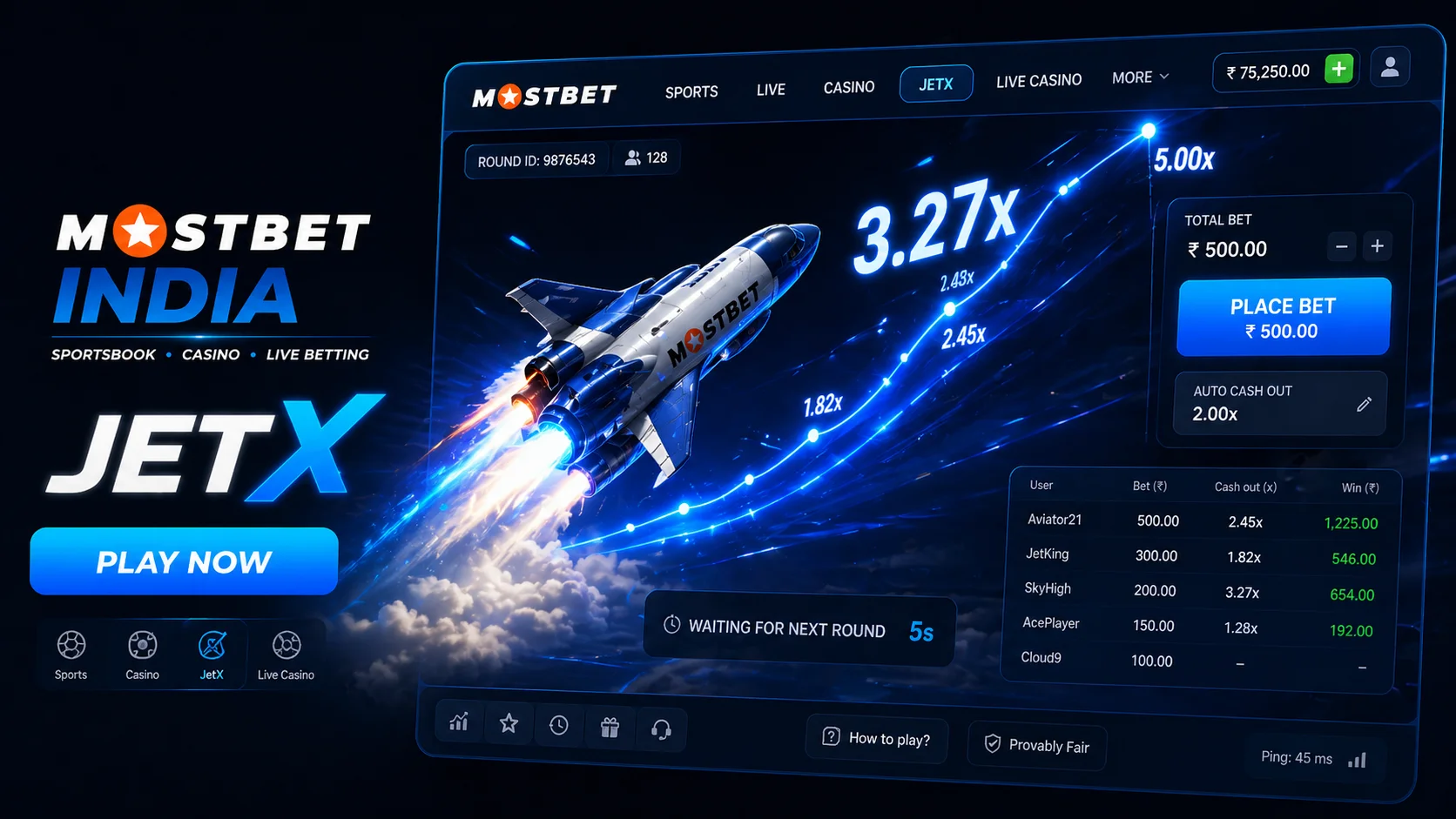 Play JetX at Mostbet India