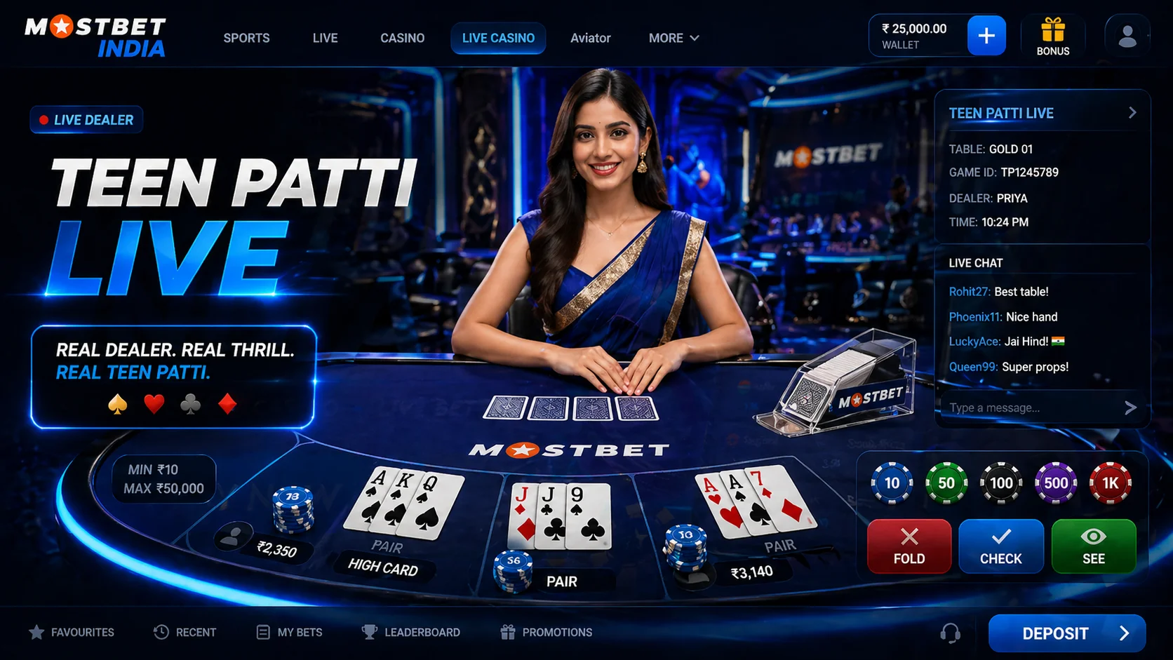 Teen Patti live dealer at Mostbet India